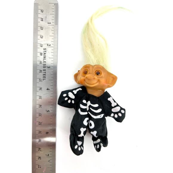 Vintage Lucky Troll Doll Blonde Hair Gold Eyes Skeleton Costume Halloween - Picture 1 of 4